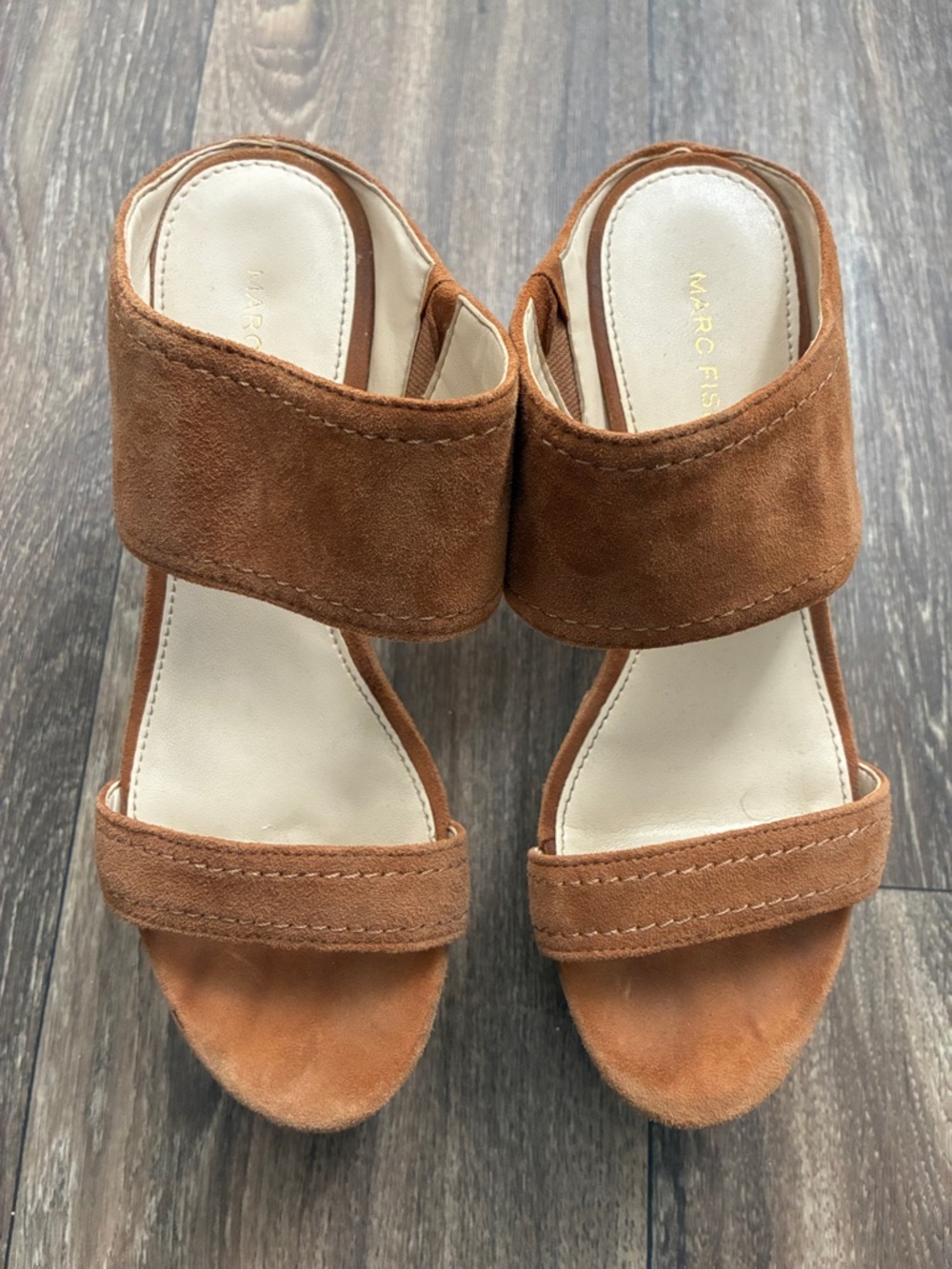 Marc Fisher Tan Suede Double-Strap Wedges